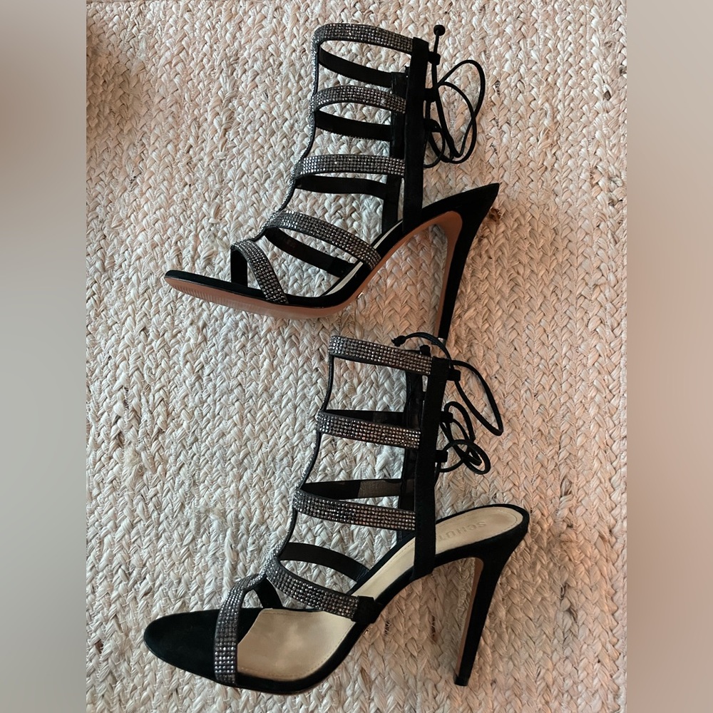 Shultz black rhinestone strappy heels